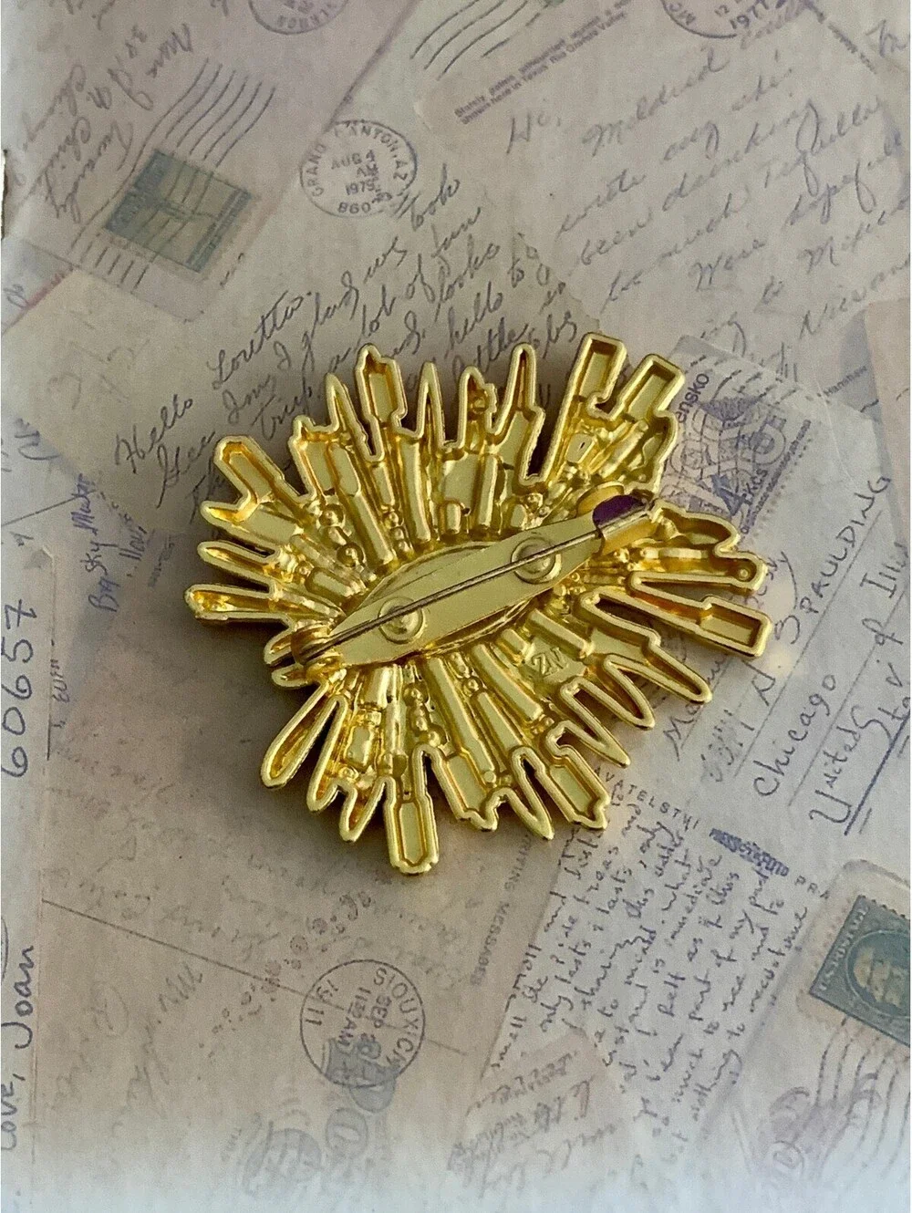 Vintage Style Surrealist Sunburst Green Evil Eye Rhinestone Statement Brooch
